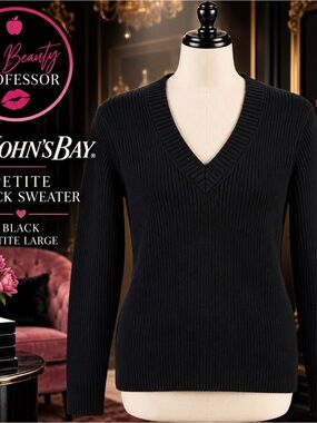 💕 St. John's Bay Petite Large Black Ribbed V-Neck Cotton Blend Sweater